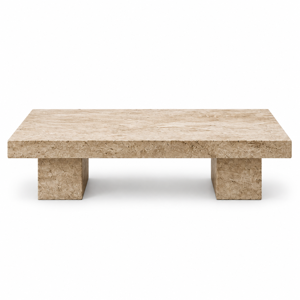 Rectangular travertine coffee table from the example room render — AI illustration